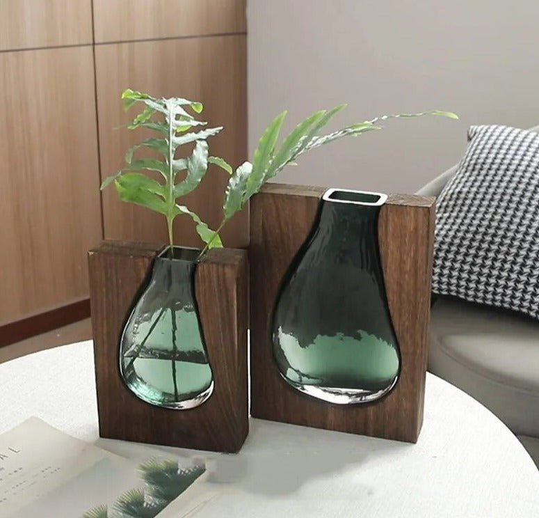 Decorative Glass and Wood Hydroponic Vase